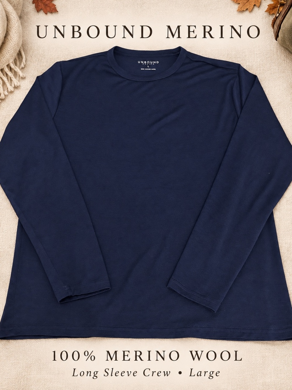 Unbound Mens L Navy 100% Merino Wool Long Sleeve Minimalist Gorpcore